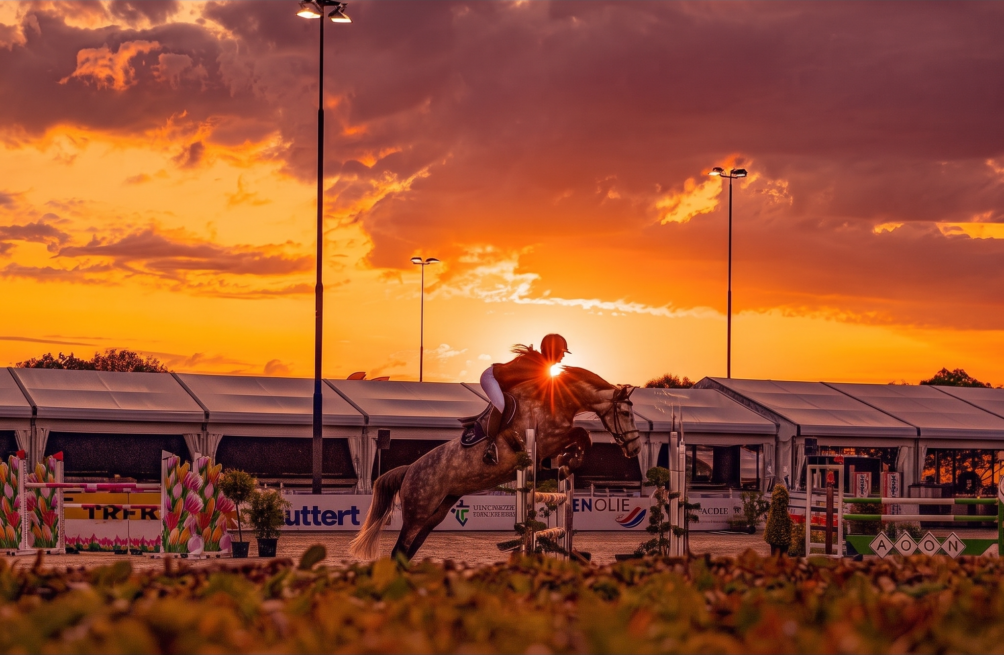Juliette springt een parcours bij zonsondergang